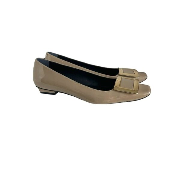 ROGER VIVIER Belle Vivier Patent Leather Neutral Flats With Gold Buckle 37 - Picture 2 of 7